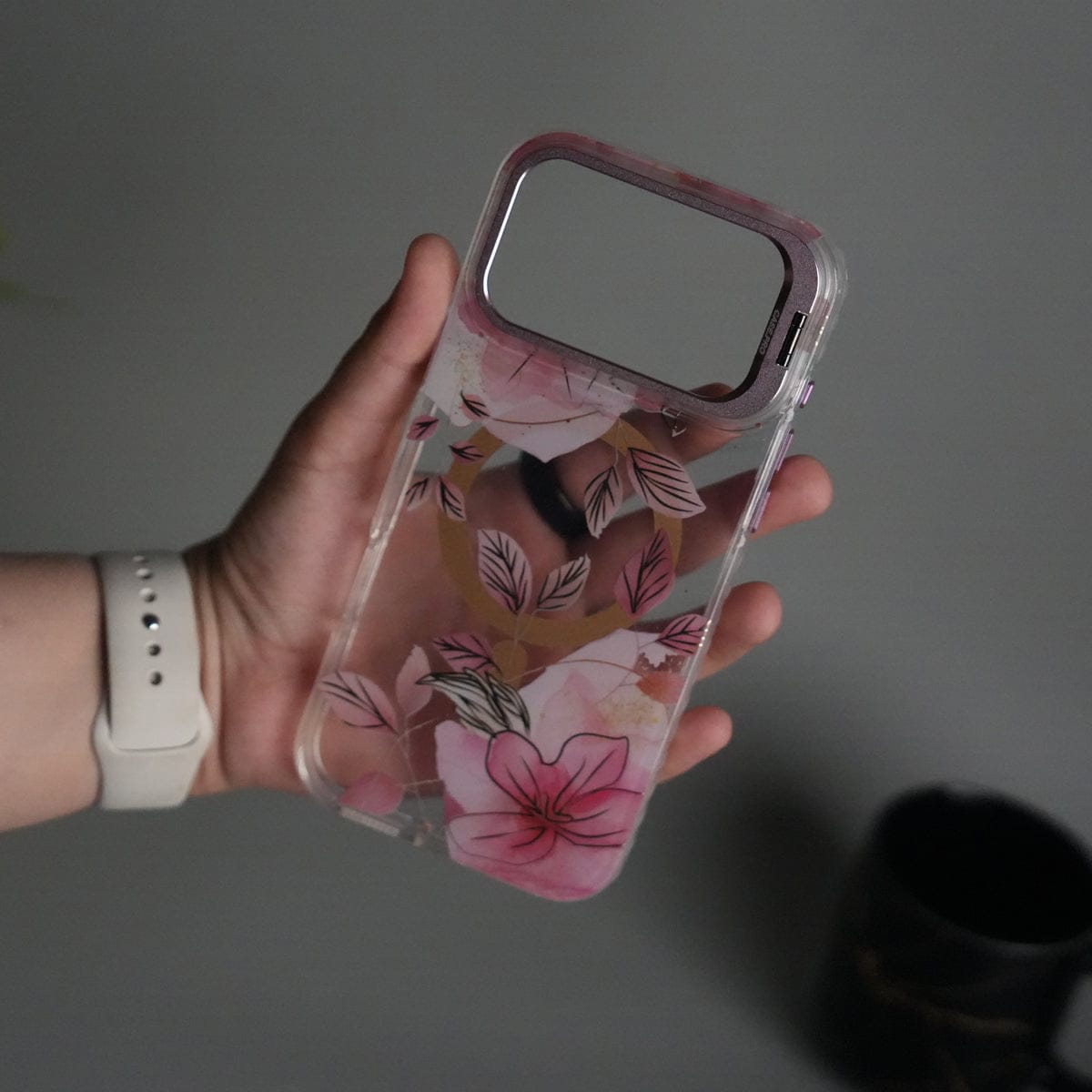 iPhone 17 Pro Max FloraCrystal Clear Floral Design Case with Color Metal Camera Stand Frame