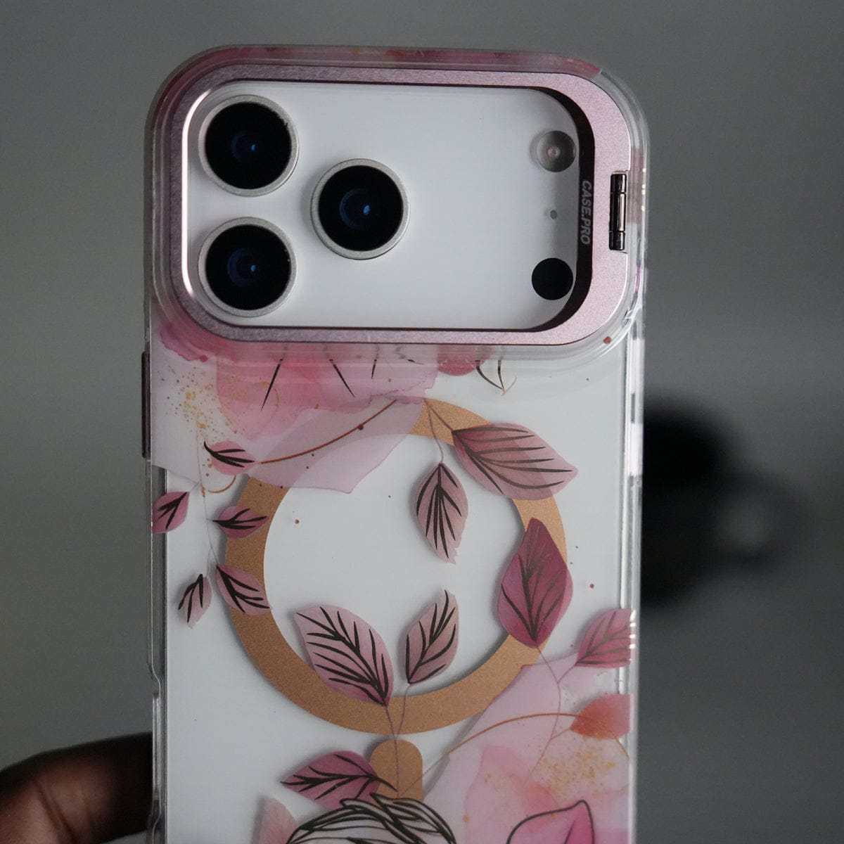 iPhone 17 Pro Max FloraCrystal Clear Floral Design Case with Color Metal Camera Stand Frame