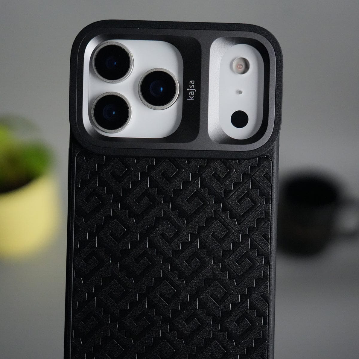 iPhone 17 Pro Max GeoMaze Pattern Leather Case | Premium Luxury Back Cover with Metal Camera Frame