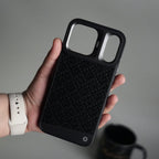 iPhone 17 Pro Max GeoMaze Pattern Leather Case | Premium Luxury Back Cover with Metal Camera Frame