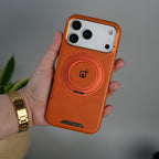 iPhone 17 Series Luxury Leather Magnetic Ring Case | Metal Camera Frame and Kickstand Cover | Orange