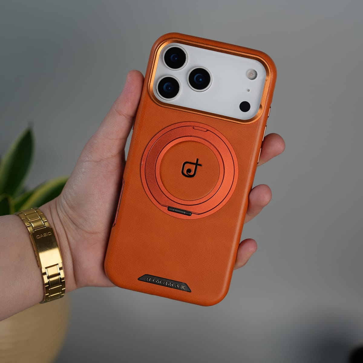 iPhone 17 Series Luxury Leather Magnetic Ring Case | Metal Camera Frame and Kickstand Cover | Orange