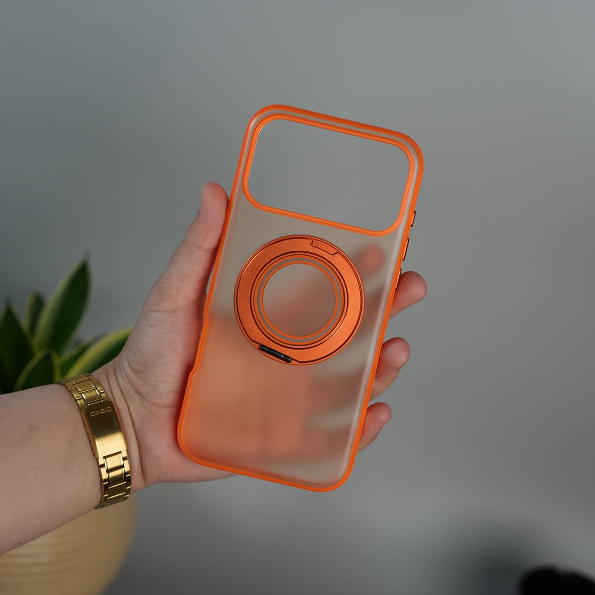 iPhone 17 Series Magnetic Ring Stand Case | Frosted Shockproof Back Cover with Metal Kickstand | Orange