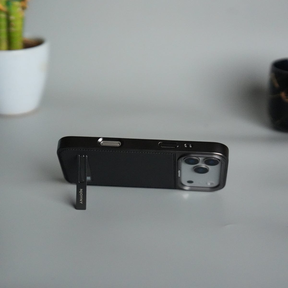 iPhone 17 Pro Max Leather Mate Chrome Plated Kick Stand Case Cover