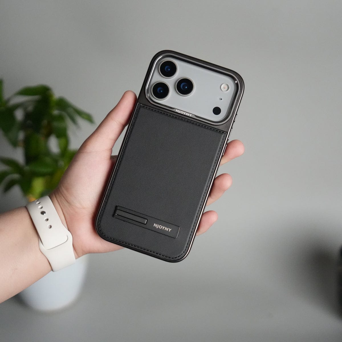iPhone 17 Pro Max Leather Mate Chrome Plated Kick Stand Case Cover