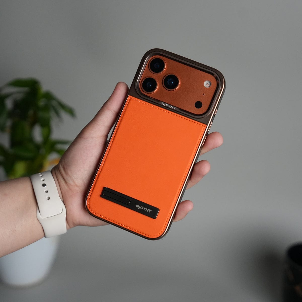 iPhone 17 Pro Max Leather Mate Chrome Plated Kick Stand Case Cover