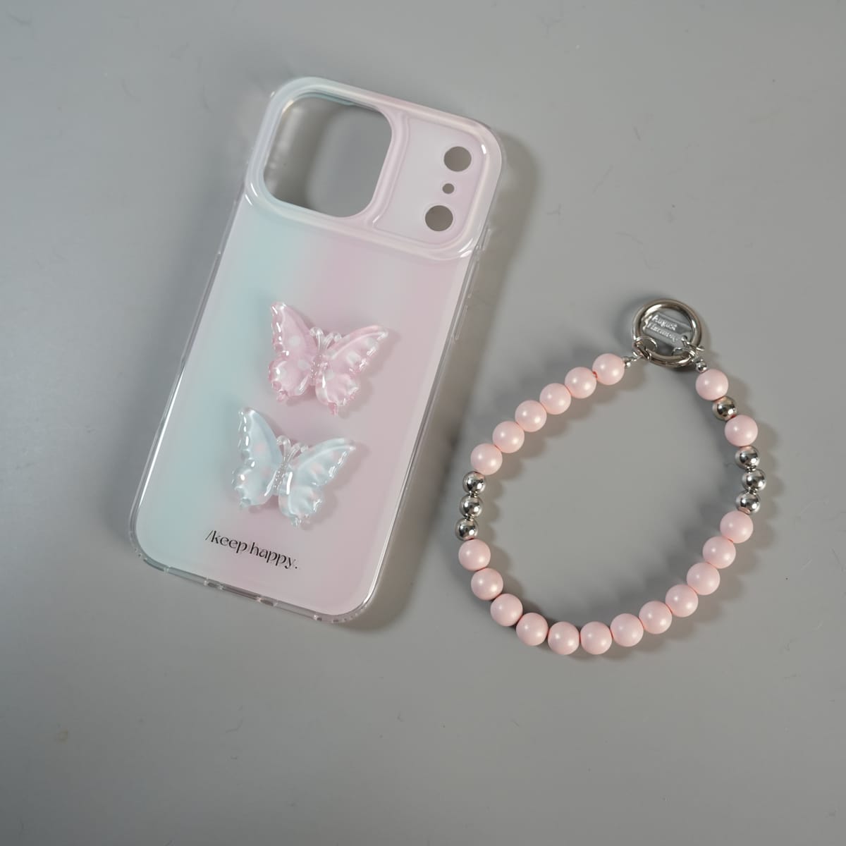 iPhone Series Luxury 3D Butterfly Gradient Case with Pearl Beaded Wristlet