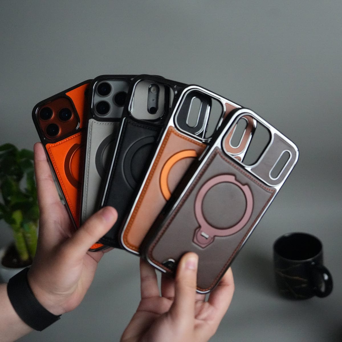 iPhone 17 Pro Max Luxury Leather Magnetic Ring Case | Metal Kickstand Cover with Chrome Frame