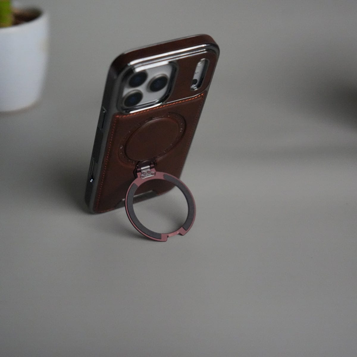 iPhone 17 Pro Max Luxury Leather Magnetic Ring Case | Metal Kickstand Cover with Chrome Frame