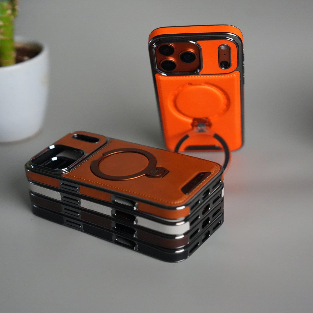 iPhone 17 Pro Max Luxury Leather Magnetic Ring Case | Metal Kickstand Cover with Chrome Frame