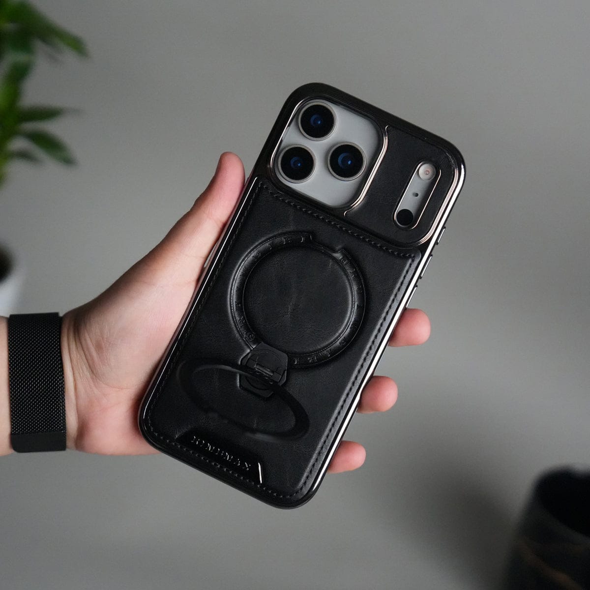 iPhone 17 Pro Max Luxury Leather Magnetic Ring Case | Metal Kickstand Cover with Chrome Frame