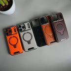 iPhone 17 Pro Max Luxury Leather Magnetic Ring Case | Metal Kickstand Cover with Chrome Frame