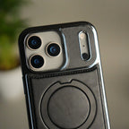 iPhone 17 Pro Max Luxury Leather Magnetic Ring Case | Metal Kickstand Cover with Chrome Frame
