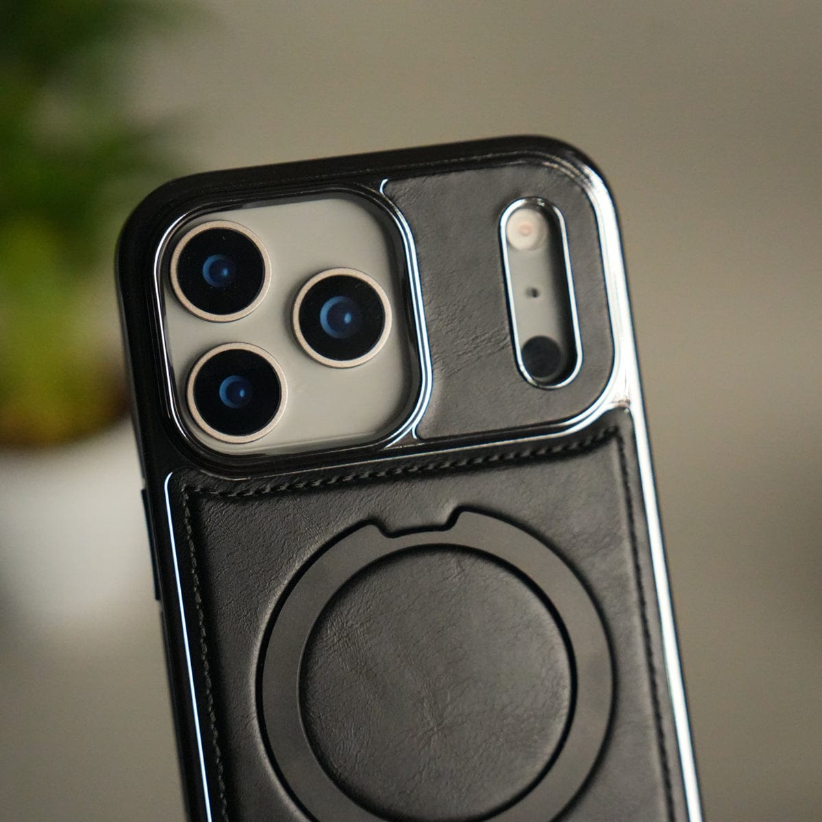iPhone 17 Pro Max Luxury Leather Magnetic Ring Case | Metal Kickstand Cover with Chrome Frame