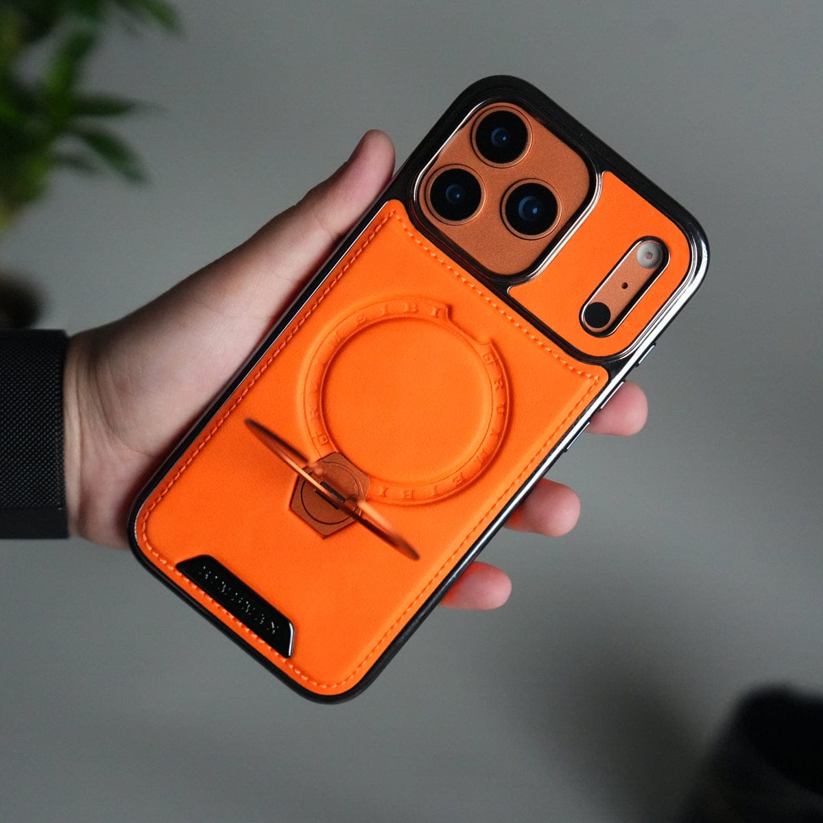 iPhone 17 Pro Max Luxury Leather Magnetic Ring Case | Metal Kickstand Cover with Chrome Frame