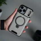iPhone 17 Pro Max Luxury Leather Magnetic Ring Case | Metal Kickstand Cover with Chrome Frame