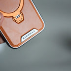 iPhone 17 Pro Max Luxury Leather Magnetic Ring Case | Metal Kickstand Cover with Chrome Frame