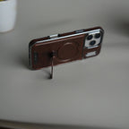 iPhone 17 Pro Max Luxury Leather Magnetic Ring Case | Metal Kickstand Cover with Chrome Frame