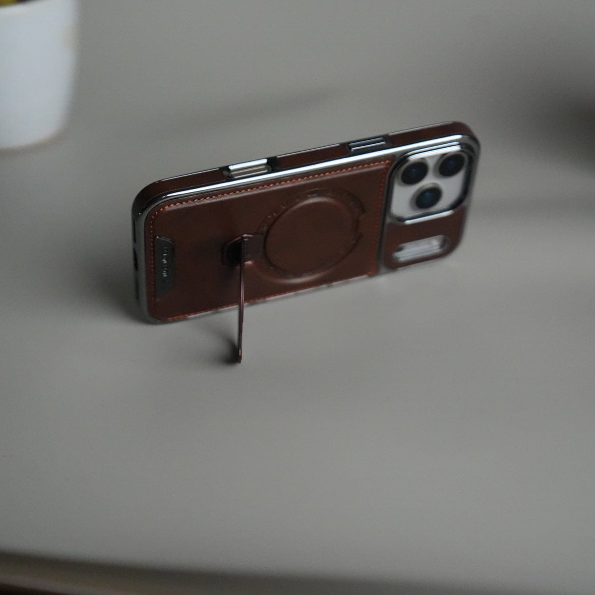 iPhone 17 Pro Max Luxury Leather Magnetic Ring Case | Metal Kickstand Cover with Chrome Frame