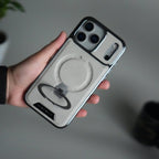 iPhone 17 Pro Max Luxury Leather Magnetic Ring Case | Metal Kickstand Cover with Chrome Frame