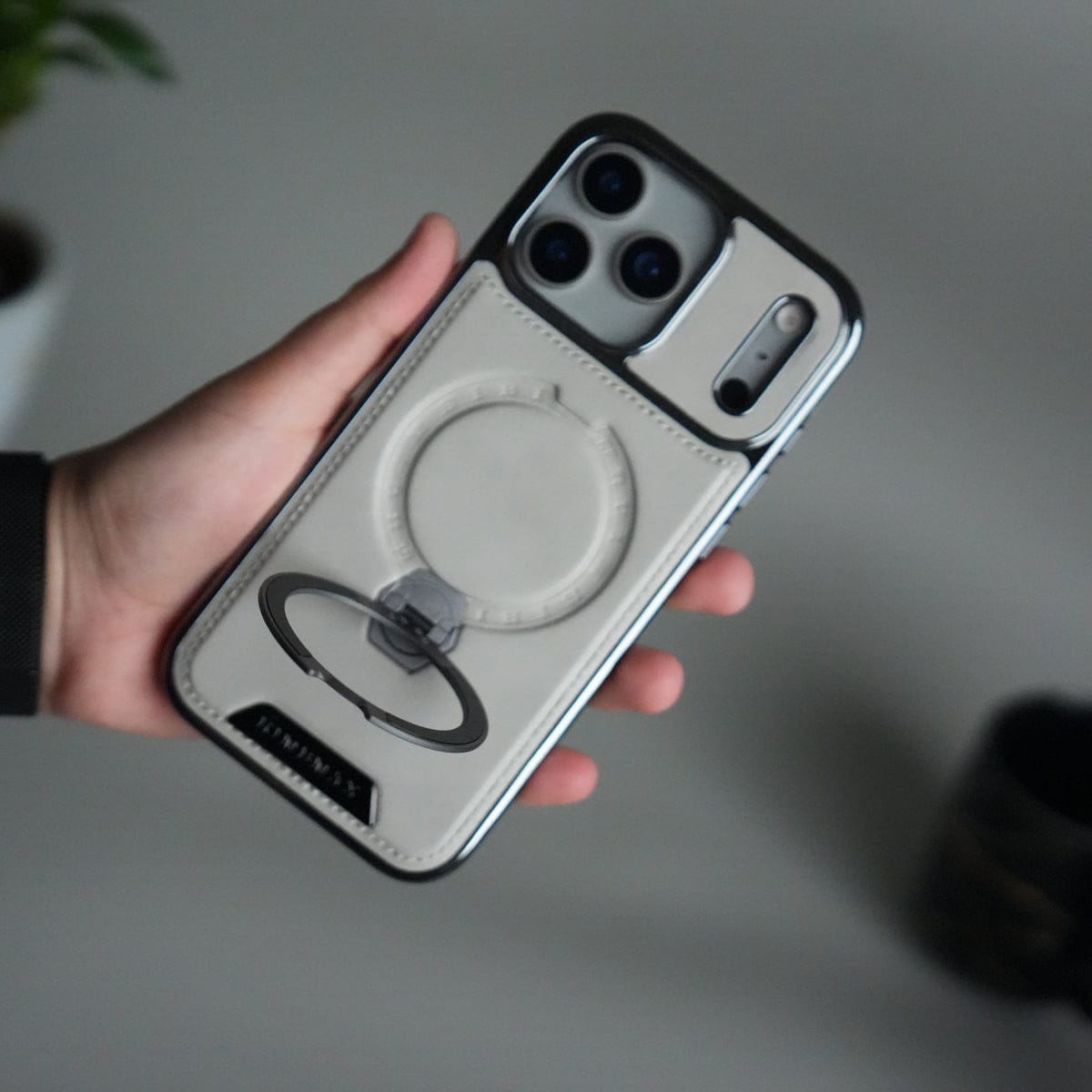 iPhone 17 Pro Max Luxury Leather Magnetic Ring Case | Metal Kickstand Cover with Chrome Frame