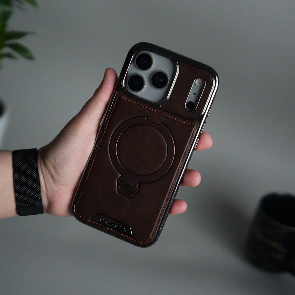 iPhone 17 Pro Max Luxury Leather Magnetic Ring Case | Metal Kickstand Cover with Chrome Frame