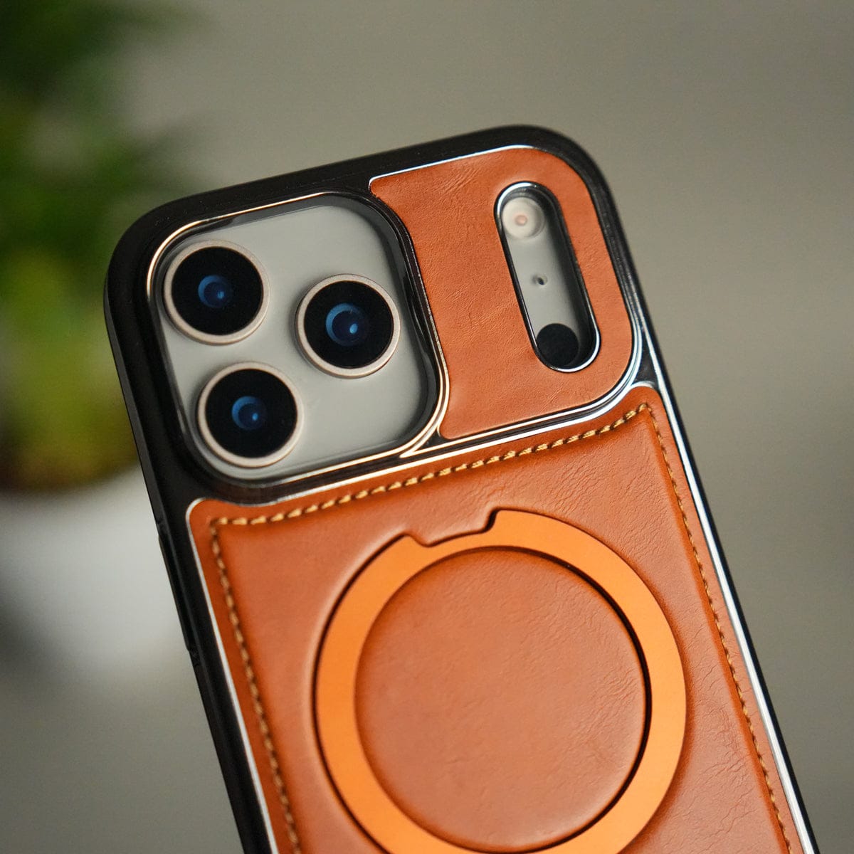 iPhone 17 Pro Max Luxury Leather Magnetic Ring Case | Metal Kickstand Cover with Chrome Frame