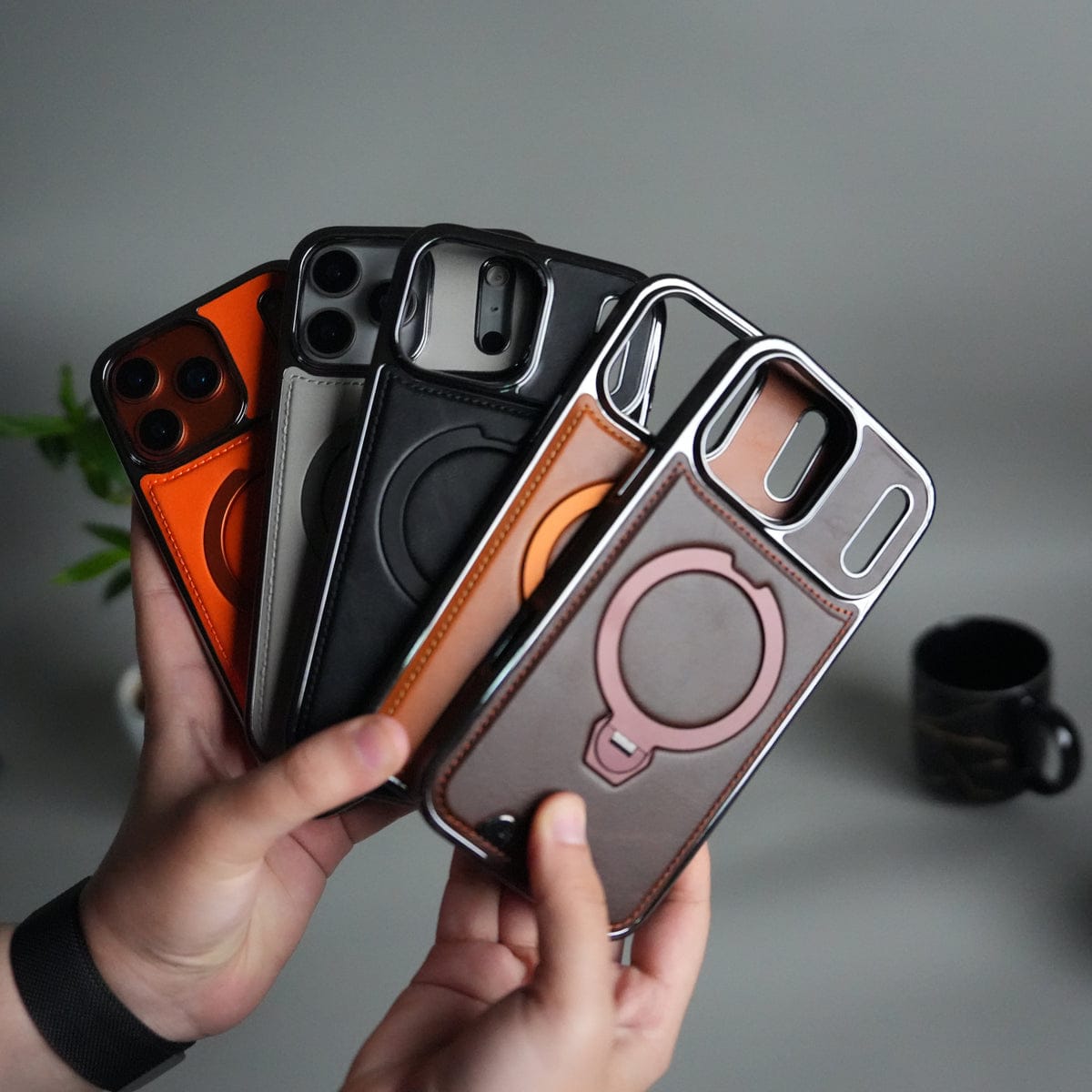 iPhone 17 Pro Max Luxury Leather Magnetic Ring Case | Metal Kickstand Cover with Chrome Frame