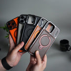 iPhone 17 Pro Max Luxury Leather Magnetic Ring Case | Metal Kickstand Cover with Chrome Frame