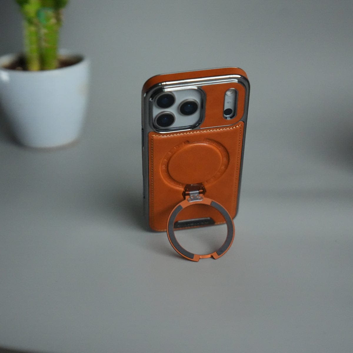 iPhone 17 Pro Max Luxury Leather Magnetic Ring Case | Metal Kickstand Cover with Chrome Frame