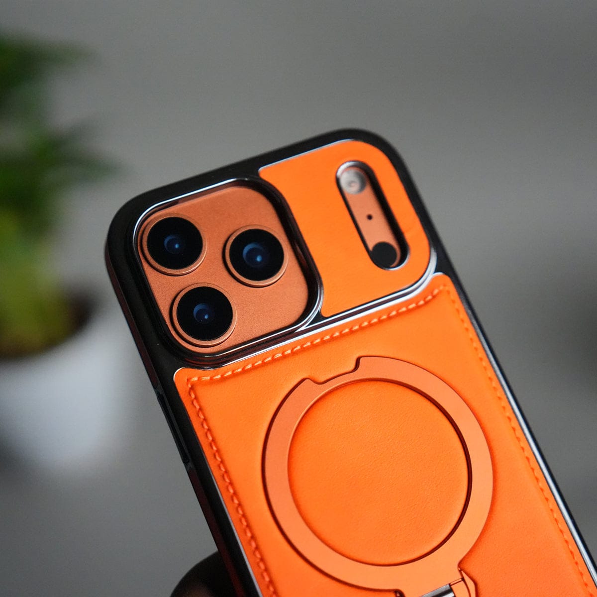 iPhone 17 Pro Max Luxury Leather Magnetic Ring Case | Metal Kickstand Cover with Chrome Frame