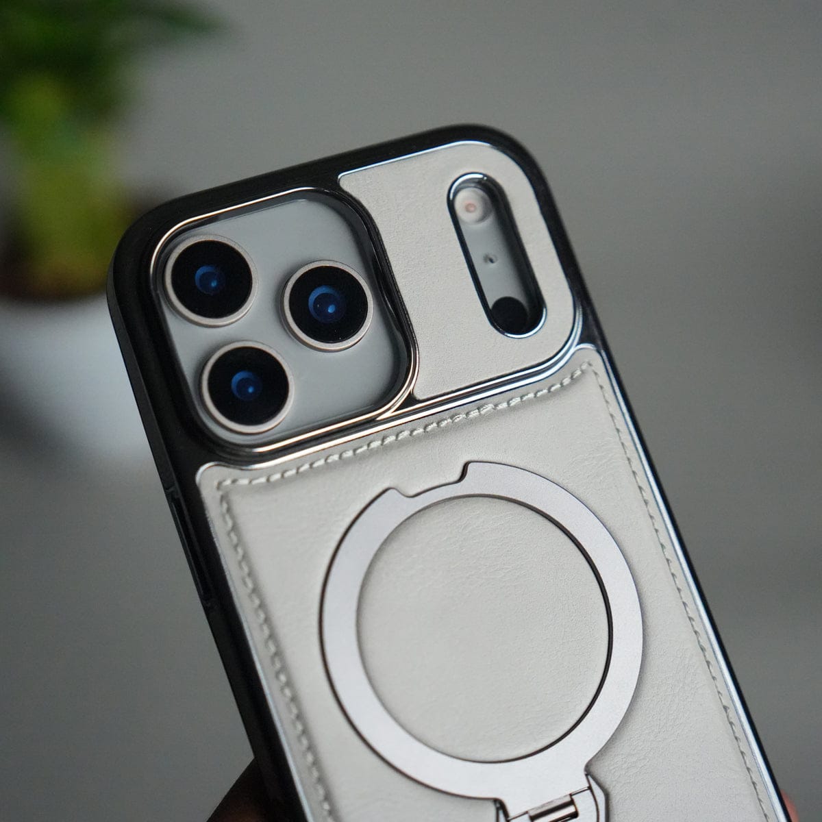 iPhone 17 Pro Max Luxury Leather Magnetic Ring Case | Metal Kickstand Cover with Chrome Frame