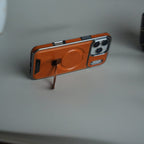 iPhone 17 Pro Max Luxury Leather Magnetic Ring Case | Metal Kickstand Cover with Chrome Frame