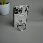 iPhone 17 Pro Max Luxury Leather Magnetic Ring Case | Metal Kickstand Cover with Chrome Frame
