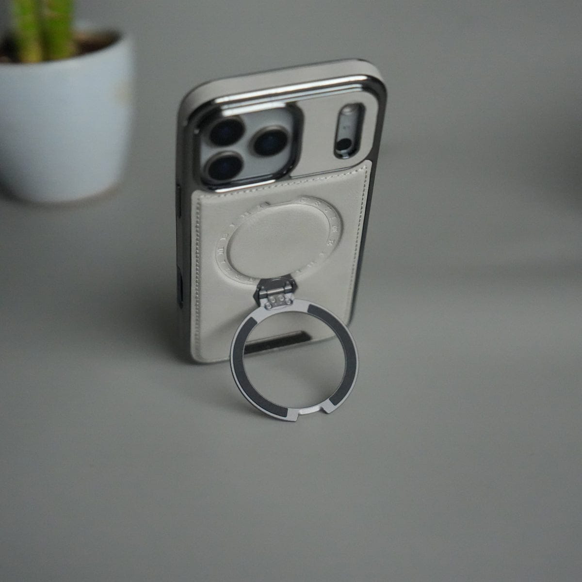 iPhone 17 Pro Max Luxury Leather Magnetic Ring Case | Metal Kickstand Cover with Chrome Frame