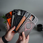 iPhone 17 Pro Max Luxury Leather Magnetic Ring Case | Metal Kickstand Cover with Chrome Frame