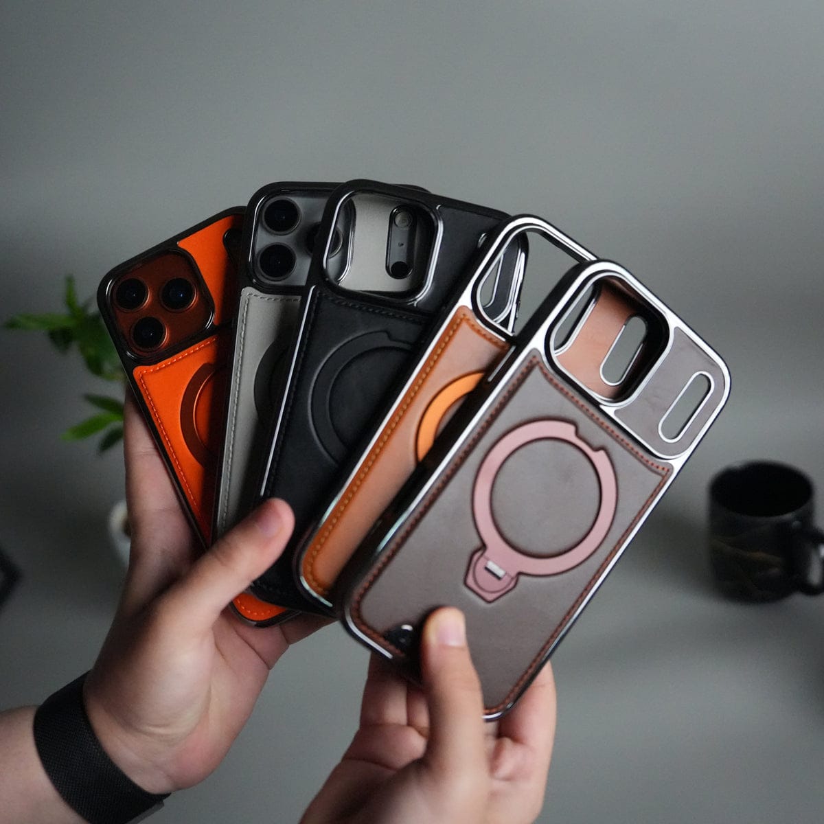 iPhone 17 Pro Max Luxury Leather Magnetic Ring Case | Metal Kickstand Cover with Chrome Frame