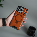 iPhone 17 Pro Max Luxury Leather Magnetic Ring Case | Metal Kickstand Cover with Chrome Frame