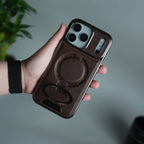 iPhone 17 Pro Max Luxury Leather Magnetic Ring Case | Metal Kickstand Cover with Chrome Frame