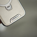 iPhone 17 Pro Max Luxury Leather Magnetic Ring Case | Metal Kickstand Cover with Chrome Frame