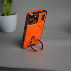 iPhone 17 Pro Max Luxury Leather Magnetic Ring Case | Metal Kickstand Cover with Chrome Frame
