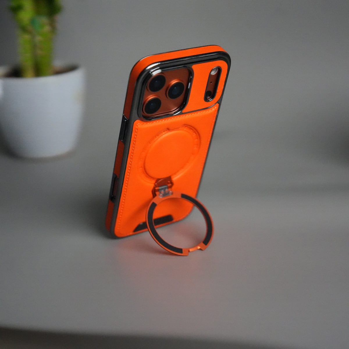 iPhone 17 Pro Max Luxury Leather Magnetic Ring Case | Metal Kickstand Cover with Chrome Frame
