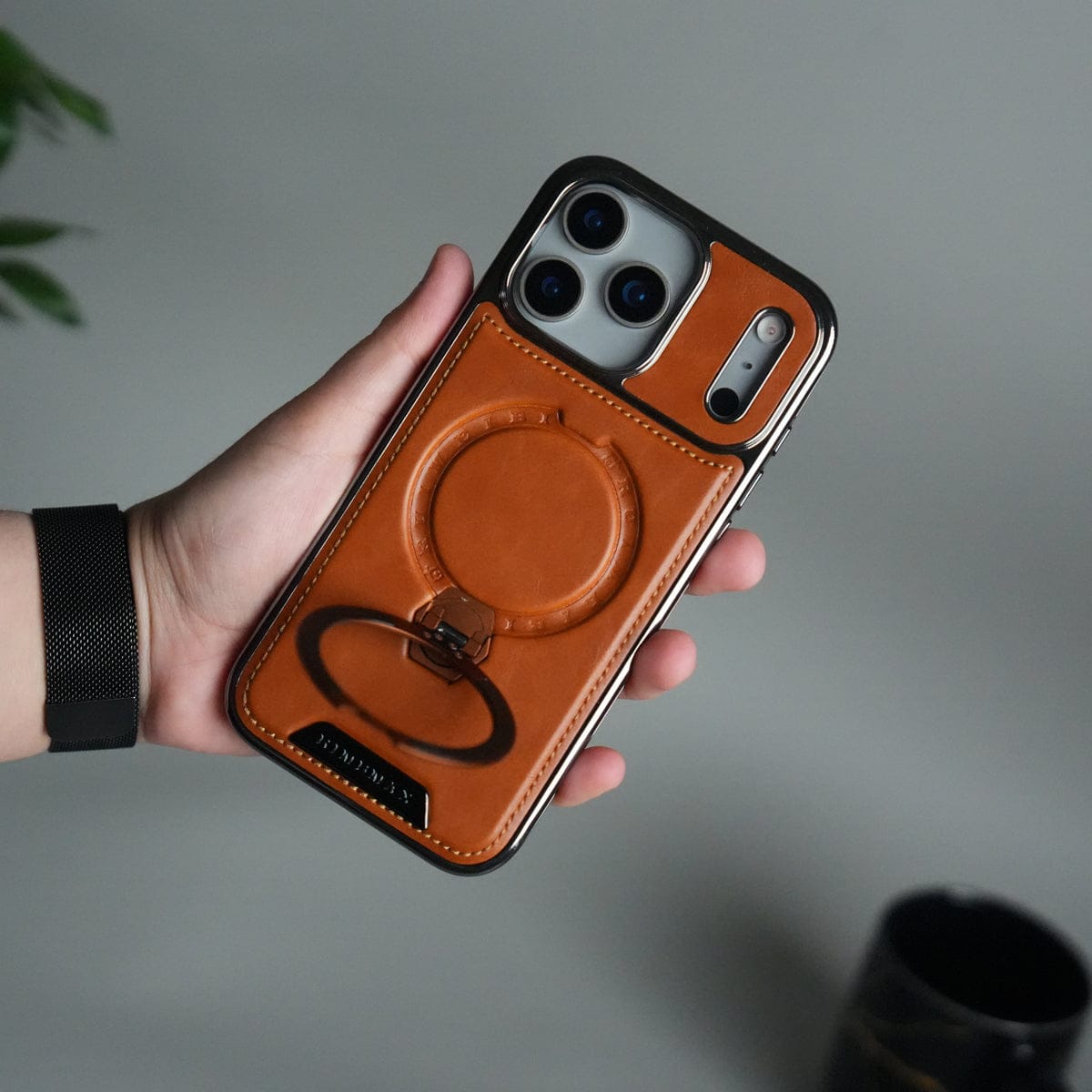 iPhone 17 Pro Max Luxury Leather Magnetic Ring Case | Metal Kickstand Cover with Chrome Frame