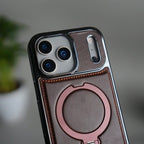 iPhone 17 Pro Max Luxury Leather Magnetic Ring Case | Metal Kickstand Cover with Chrome Frame