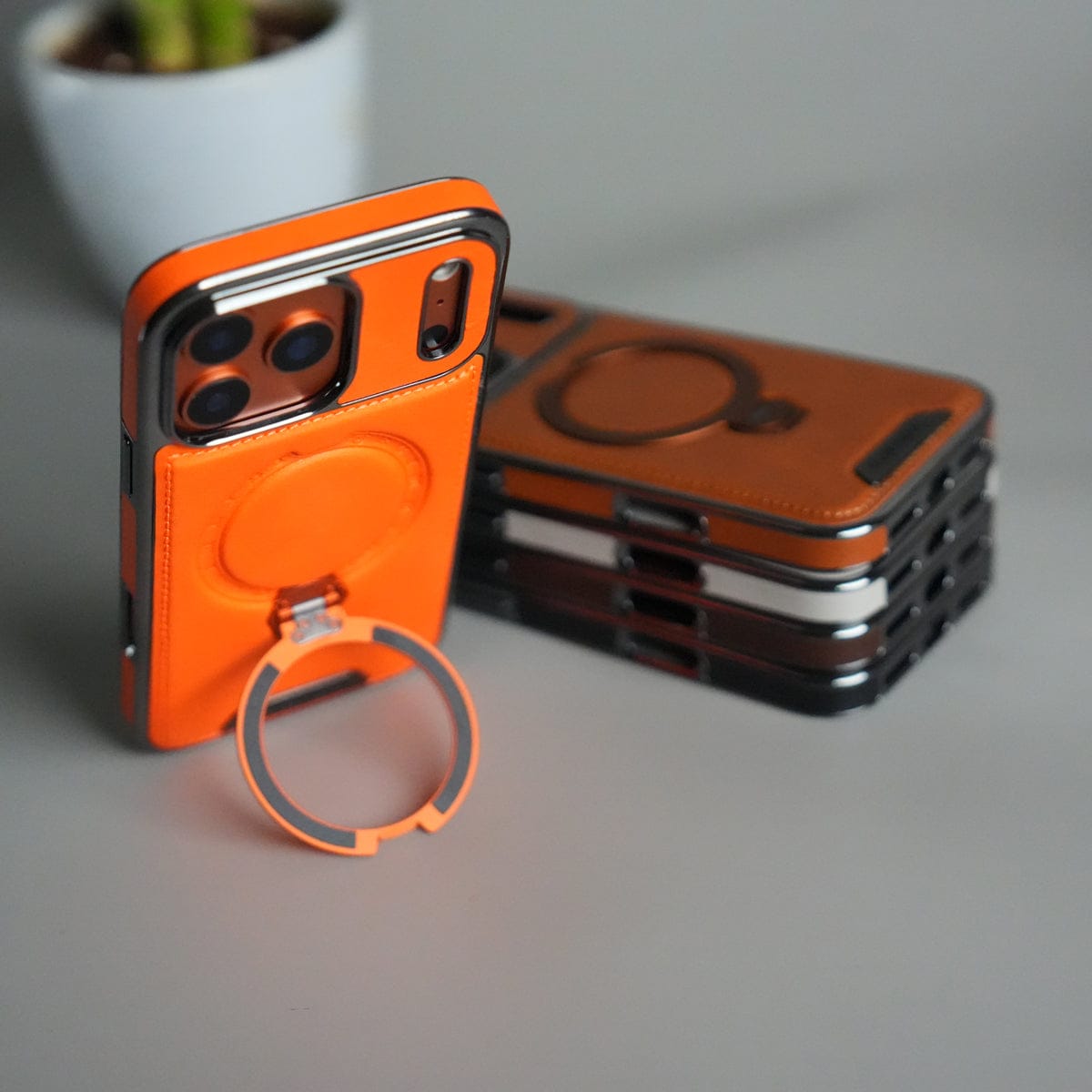 iPhone 17 Pro Max Luxury Leather Magnetic Ring Case | Metal Kickstand Cover with Chrome Frame