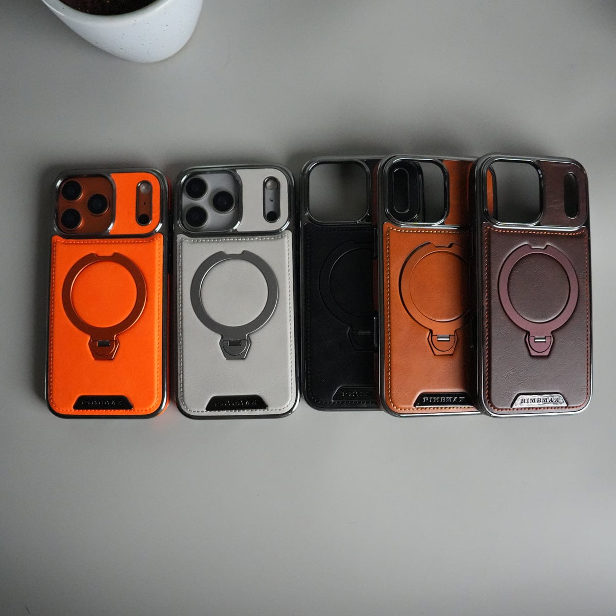 iPhone 17 Pro Max Luxury Leather Magnetic Ring Case | Metal Kickstand Cover with Chrome Frame