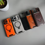iPhone 17 Pro Max Luxury Leather Magnetic Ring Case | Metal Kickstand Cover with Chrome Frame