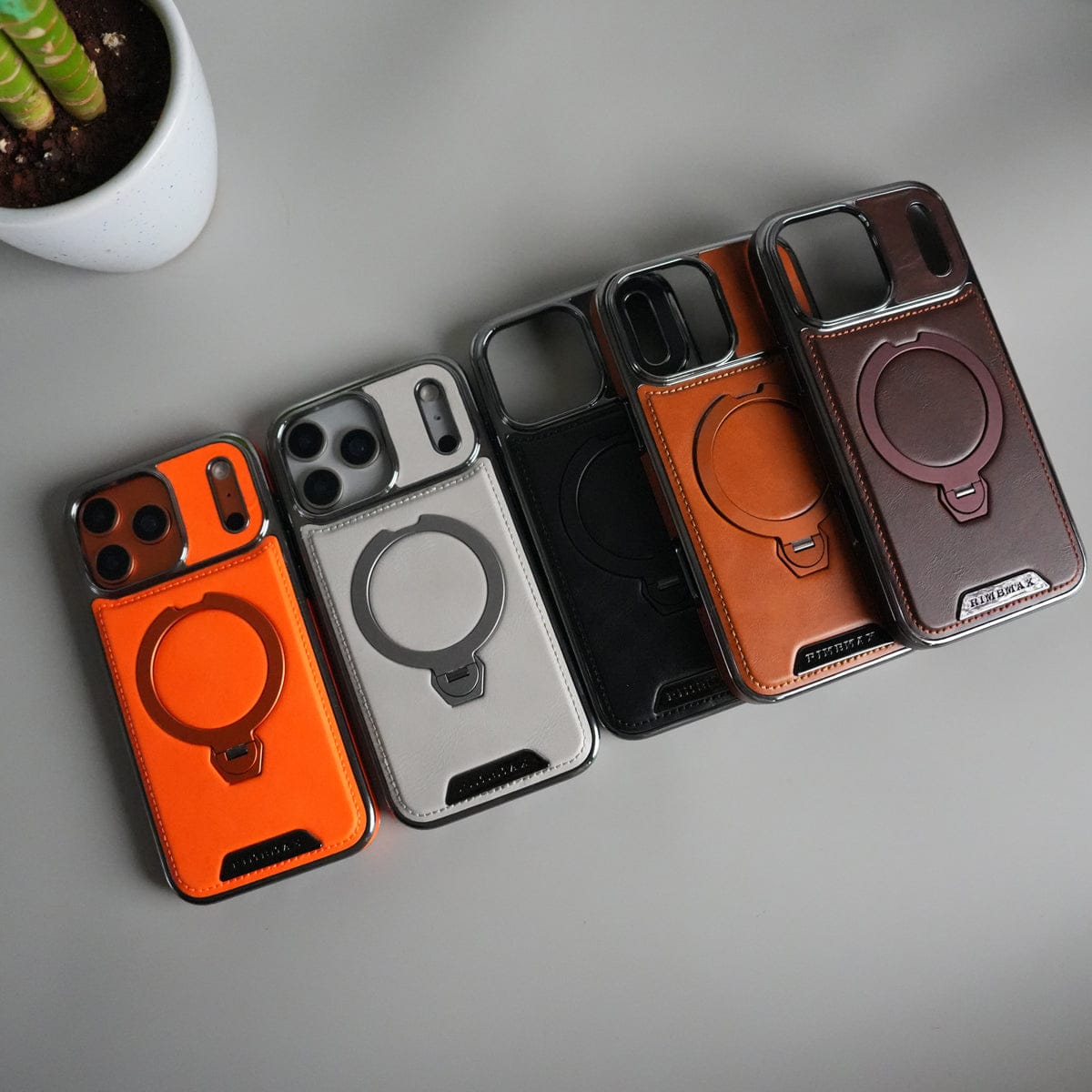iPhone 17 Pro Max Luxury Leather Magnetic Ring Case | Metal Kickstand Cover with Chrome Frame