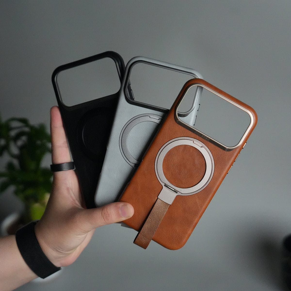 iPhone 17 Pro Max Luxury Leather MagSafe Case | Metal Ring Stand and Grip Holder Cover
