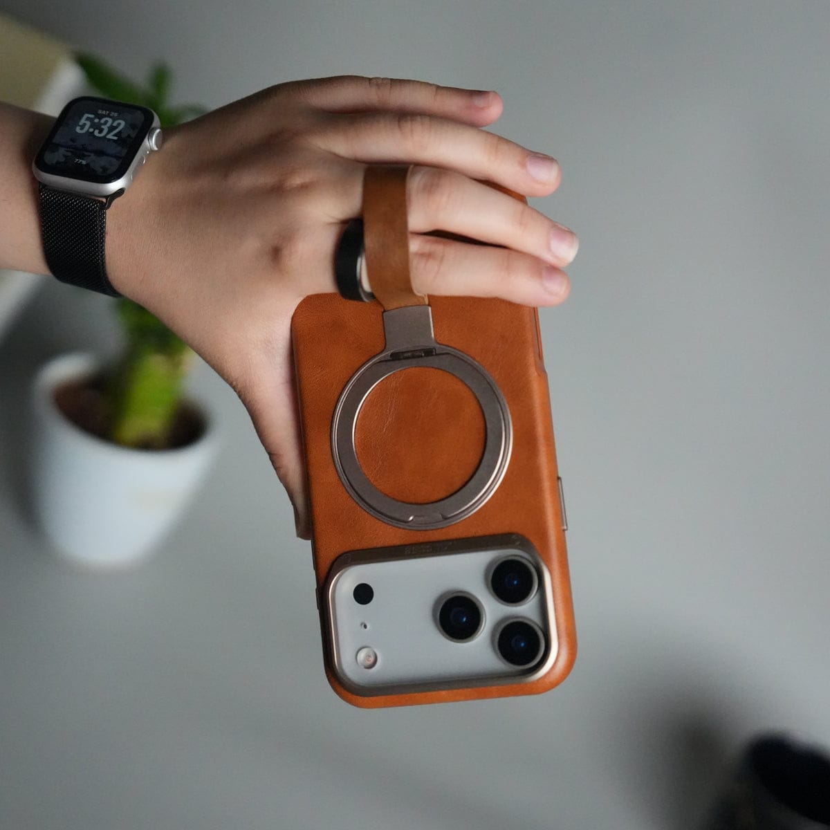 iPhone 17 Pro Max Luxury Leather MagSafe Case | Metal Ring Stand and Grip Holder Cover